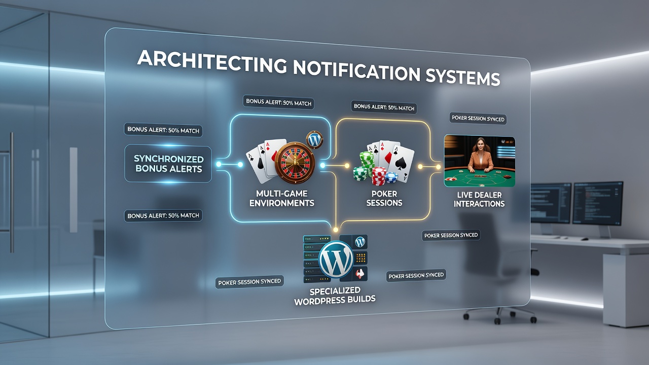 Diagram showing notification flow between poker tables and live dealer interfaces on a WordPress gaming platform