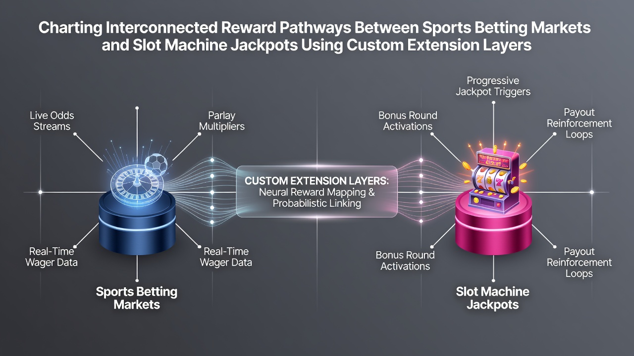 Diagram showing reward pathways linking sports betting markets to slot machine jackpots through custom extension layers on gaming platforms