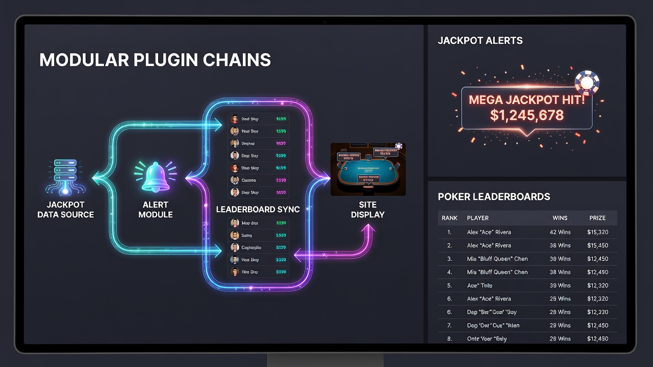 Live poker leaderboard updating in sync with a jackpot alert notification on a casino website interface