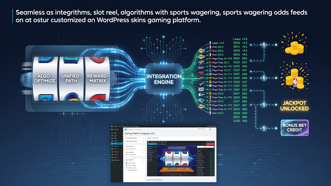 Slot reel interfaces merging with live sports odds data streams on a WordPress dashboard