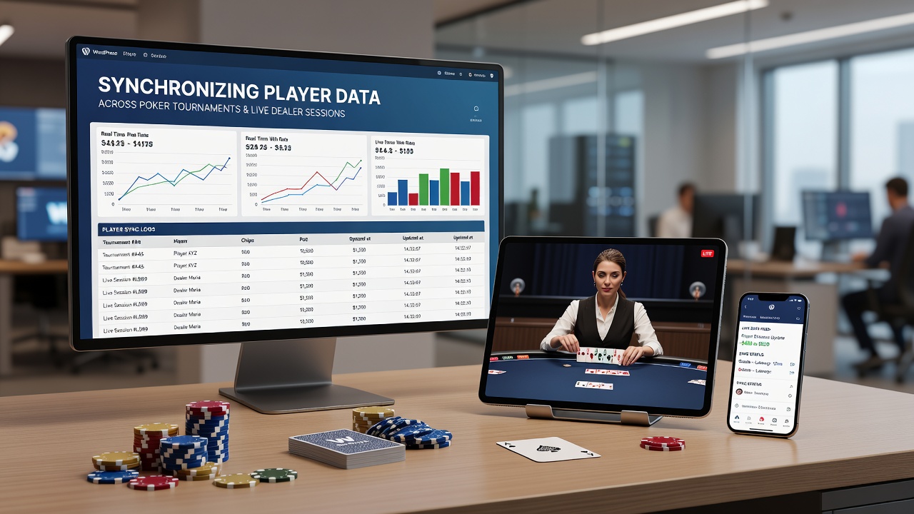 Live dealer interface showing real-time player data synced from ongoing poker tournaments on a WordPress-based platform